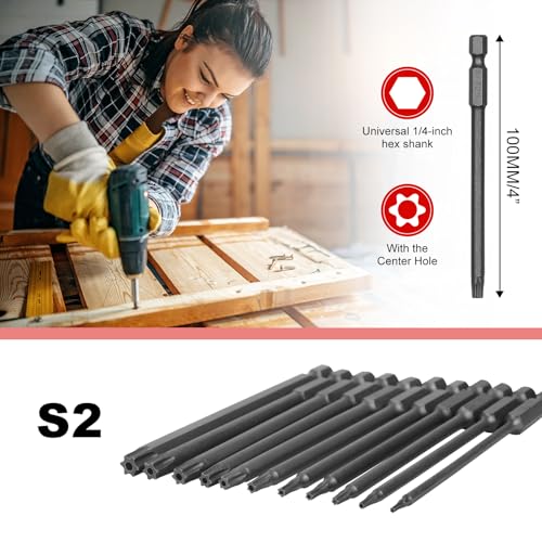 11Pcs Security Torx Bit Set - Magnetic Star Screwdriver Bits Set with S2 Steel T6-T40, 1/4 Hex Shank, 4 Inch Length for Deeper Work, Tamper Proof Torque Security Bits
