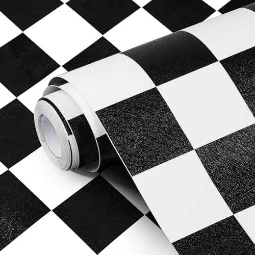 Jeweluck Black and White Wallpaper Peel and Stick Checkered Contact Paper 17.7"x118.1" Mosaic Checkered Peel and Stick Wallpaper Lattice Self Adhesive Removable Wall Paper for Bathroom Cabinets Vinyl