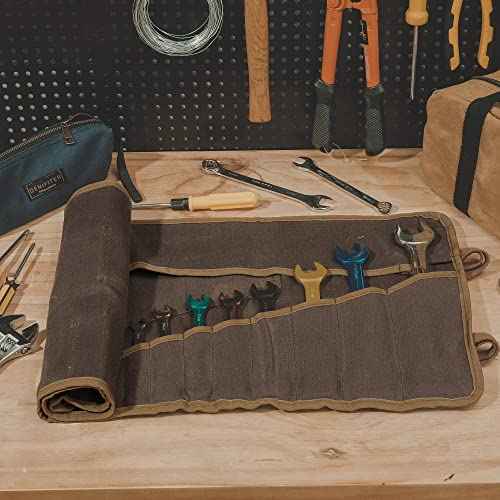 Denifiter Wrench Roll Up Pouch, Heavy Duty Waxed Canvas Tool Roll Bag Tool Organizer Bag With 20+4 Pockets (Brown)