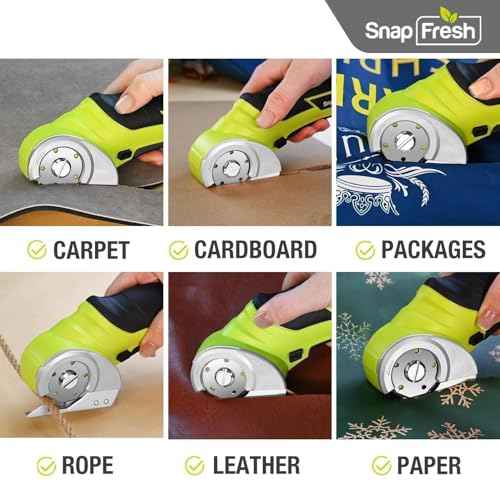 SnapFresh Cordless Electric Scissors, 4V Electric Mini Box Cutter, Carpet & Cardboard Cutter Tool with a Replacement Blade/Charger, Rotary Cutter for Cardboard Packages Leather Plastic £¨Green£©