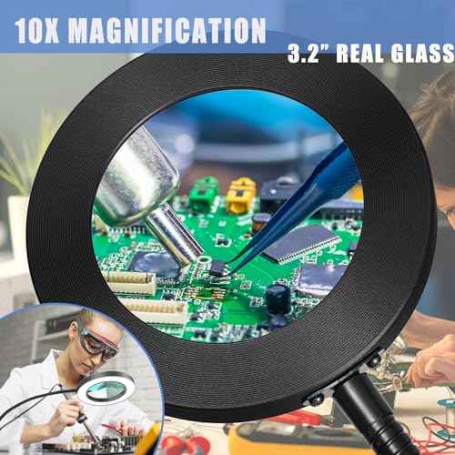 Magnetic Helping Hands Soldering Station with 10X Magnifying Glass with light, PCB Holder 4 Flexible Arms Magnifier and Third Hand Tool for Electronic Repair Soldering Jewelry Craft