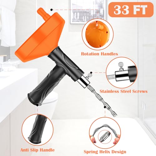 Launary 33 Feet Drain Snake Auger - Heavy Duty Plumbing Clog Remover Tool