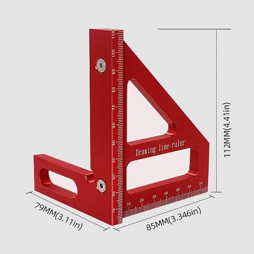 3D Multi-Angle Measuring Ruler, Aluminum Alloy 45°/90° Square Protractor Triangle Rulers, Woodworking Drawing Line Tool, Red(Imperial)
