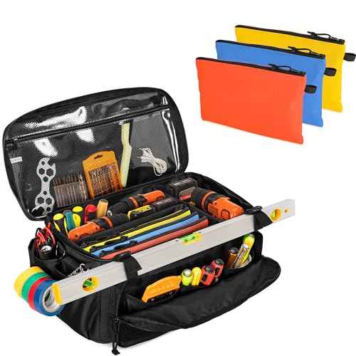 17-Inch Tool Bag with 3 Tool Pouches, Tool Storage Organizer for Men with Anti-friction and Padded Bottom, Tactical Range Bag, Multi-functional Work Bag for Repairman, Electrician, Carpenter