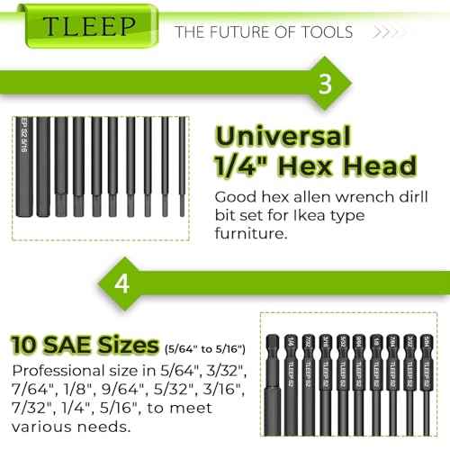 10 x Long 100MM 1/4 Inch Hex Head Allen Wrench Drill Bits, 5/16¡± to 5/64¡±, SAE, Magnetic Tips Screwdriver Socket Bit Set for Ikea Type Furniture (S2 Steel 5/16 inch to 5/64 inch)