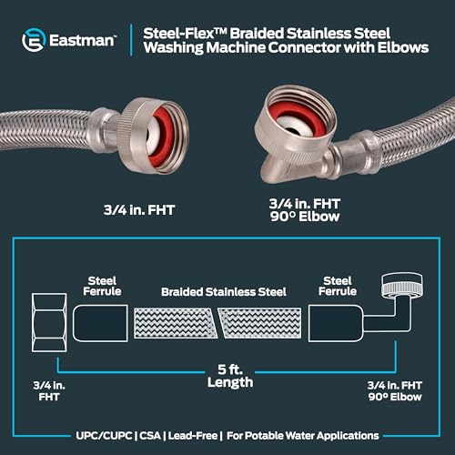 Eastman 5 ft Washing Machine Hose Connectors with Elbows - 2 Pack, 3/4 in FHT x 3/4 in FHT, Braided Stainless Steel