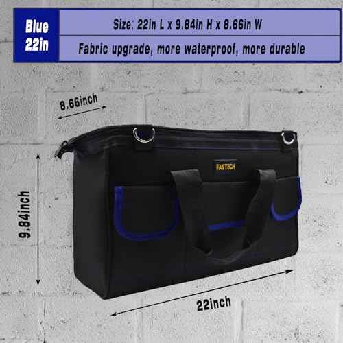 FASTECH 22 Inch Tools Bag, Waterproof Wide Mouth Tool Kit, Tools Big Bag, Heavy Duty Tool Tote Organizer With Adjustable Shoulder Strap For Men/Women (22IN Blue)