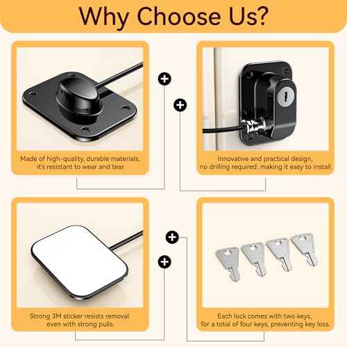 2 Pack Refrigerator Lock for Kids, Toddlers and Adults, Child Proof Fridge Door Lock with Keys for Kitchen Freezer, Air Oven Air Fryer, Cabinets and Drawers, Windows, Doors (B-Black-2 Pack)