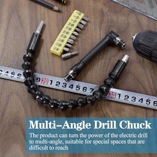 90 Degree Drill Attachment - Right Angle Screwdriver Extension,11.6-Inch Flexible Soft Shaft with 10 Interchangeable Bits,Power Drill Accessory Kit(12-Piece)