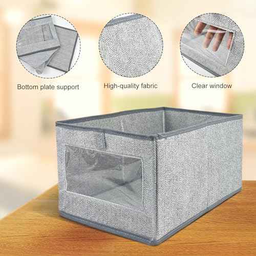 6 Pieces Linen Closet Storage Bins with Clear Window, Shelf Basket Closet Clothes Organizer Storage Containers for Organizing Shelves Wardrobe Office Clothing Books
