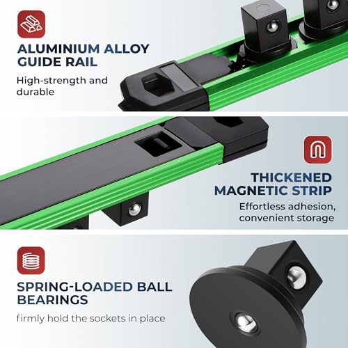 Reniteco Magnetic Socket Organizer 3/8” Aluminum Rail with 14 Clips, Green (Variation)