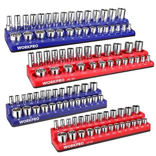 WORKPRO Magnetic Socket Organizer Set, 4-Piece Socket Holder Set Includes 1/4", 3/8" Drive Metric & SAE Socket Trays, Holds 108 Pieces Standard and Deep Size Sockets (Sockets not Included)