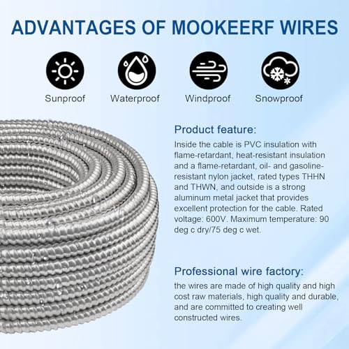 50FT 10/2 MC Cable with Ground - Pure Copper 10AWG Aluminum Armor for Electrical Wiring