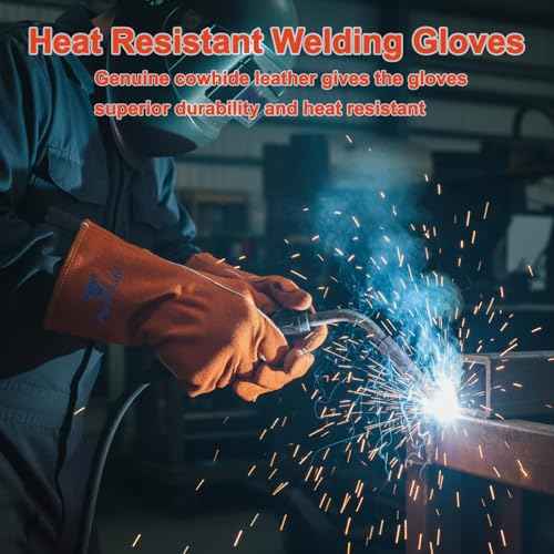 Welding Gloves 14 Inches, 932¢µ Heat Fire Resistant Leather Welding Gloves for Tig/Mig/Stick, Mitts for BBQ/Oven/Grill/Fireplace/Furnace/Stove/Animal Handling Gloves with Soft Lining (Red)