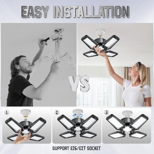TOPAUBUB 2-Pack 120W 12000LM LED Garage Lights with 4+1 Adjustable Panels, E26/E27 Screw-In Shop Lighting, Daylight 6500K