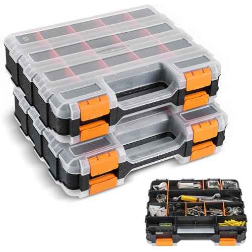 NATGAI 2 Pack Small Parts Organizers, 34-Compartments Double-Sided Tool Box with Removable Dividers for Hardware, Screws, Bolts, Nails & Fishing Accessories, Durable Plastic Storage Case (Orange)