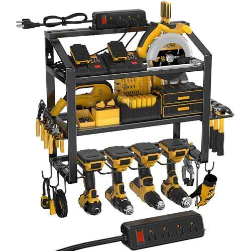 Power Tool Organizer With Charging Station, Heavy Duty Steel 4 Slots, Tool Battery Holder with 4 Outlet Power Strip, Easy To Install Garage Storage Rack for Workshop/Shed Gift For Men