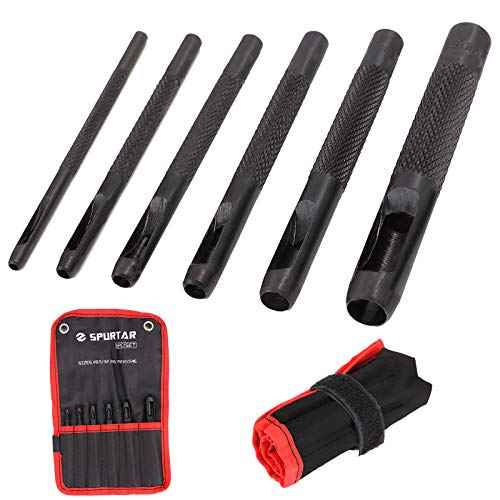 Spurtar Hollow Punch Set 6 Pieces Heavy Duty Round Leather Hole Punch Kit 1/8" 5/32" 3/16" 7/32" 1/4" 5/16" Belt Puncher for Leather Gaskets Cloth Watch Belts with Storage Bag