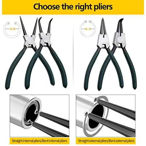 Snap Ring Pliers Set, 2pcs 7" Internal/External Circlip Pliers Kit with Bent Jaw, Heavy Duty Precision Spring Loaded Pliers for Ring Remover Retaining and Remove Hoses, Gaskets