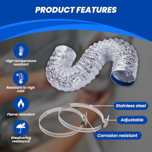 4-Inch x 3ft Dryer Vent Hose - Flexible Aluminum Duct with 2 Clamps