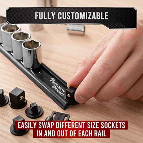 Precision Defined Aluminum Tool Socket Holder | Black, Single 1/4-Inch Socket Organizer x 16 Clips | Heavy Duty Socket Rails Organizer, Socket Storage, Socket Tray 360 Rotation