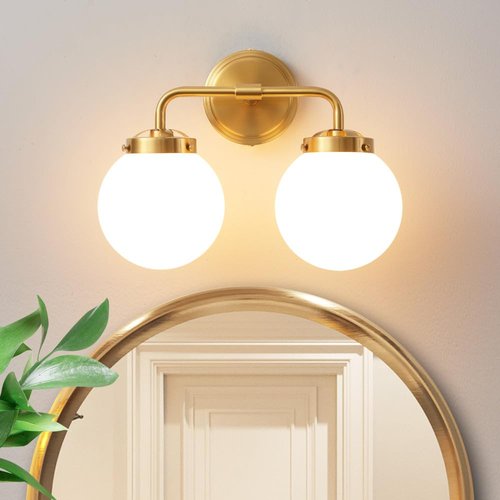 Deyidn Bathroom Vanity Light Fixtures Over Mirror, Modern Brass Gold 2 Lights Wall Sconce Lighting with Milky Glass Ball Shades, Mid Century Farmhouse Bathroom Lighting