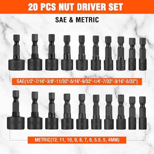 ValueMax 20 PCS Power Nut Driver Set for Impact Drill, 1/4¡± Hex Head Drill Bit Set SAE and Metric, 4-12mm and 5/32''-1/2'' Nut Drivers, Chrome Vanadium Steel