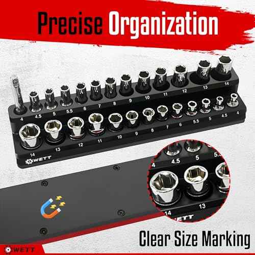 WETT Magnetic Socket Organizer Set, 6-Piece Socket Holder Set, 1/4", 3/8", 1/2" Drive Magnetic Sockets Trays, Holds 143pcs SAE & Metric, Standard Shallow and Deep Size Sockets (Socket not Included)