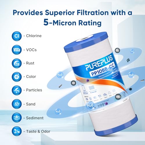 PUREPLUS 5 Micron 10x4.5 Inch Whole House Sediment & Carbon Water Filter 2-Pack