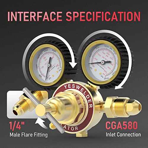 YESWELDER Nitrogen Regulator with Hose, 0-600 PSI and 0-4000PSI Output Pressure, CGA580 Inlet Connection and 1/4" male flare fitting
