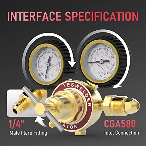 YESWELDER Nitrogen Regulator with Hose, 0-600 PSI and 0-4000PSI Output Pressure, CGA580 Inlet Connection and 1/4" male flare fitting