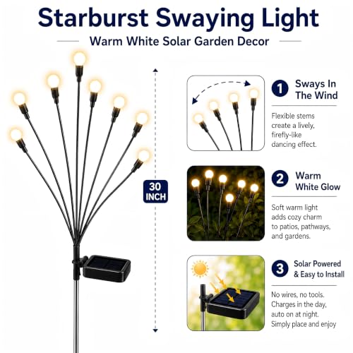 TONULAX 2 Pack Solar Garden Lights - Upgraded Swaying Firefly Outdoor Pathway Decor, Warm White