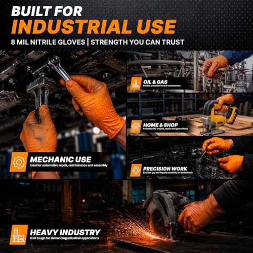 TitanFlex XL Heavy Duty Disposable Nitrile Gloves 8-mil Orange, Raised Diamond Grip, Powder-Free, 100-Count