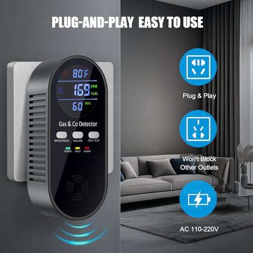 5-in-1 Carbon Monoxide Detectors, Combination Natural Gas Leak Detector and Carbon Monoxide detectors Plug in with 9V Battery Backup, Travel Carbon Monoxide Detector with Voice Brightness Control