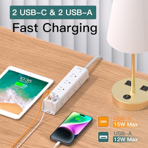 Addtam White 10FT Surge Protector Power Strip with 12 AC Outlets & 4 USB Ports
