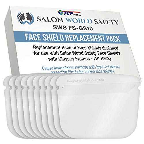 TCP Global Salon World Safety Replacement Face Shields Only (Pack of 10), Glasses Frames Not Included ? Fits Most Brands, Ultra Clear, Full Face, Protect Eyes Nose Mouth, Anti-Fog PET Plastic, Goggles