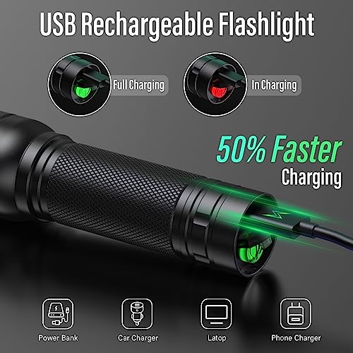 RECHOO Black Rechargeable Tactical Flashlight 2 Pack - Super Bright, 3 Modes, Zoomable LED for Camping & Emergencies