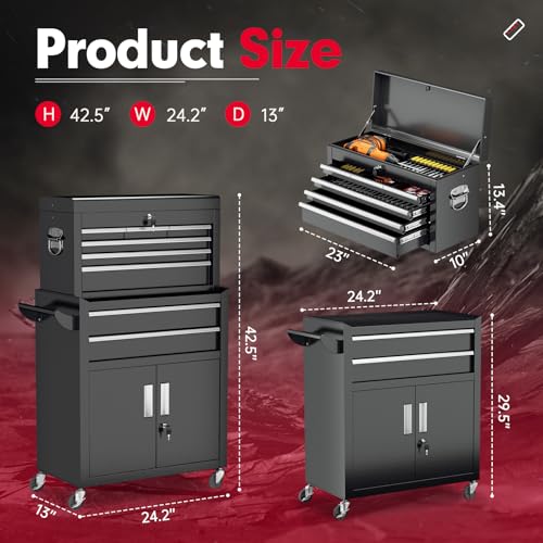 Superday 8-Drawer Rolling Tool Chest with Lock – Black, 2-in-1 Detachable Cabinet
