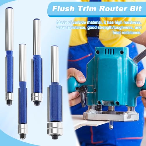 4 Pcs Flush Trim Router Bit Set, 1/4" Shank, Top Bearing, Includes 5/16", 3/8", 1/2" Diameters ? High-Value Router Bits for DIY and Professional Woodworking