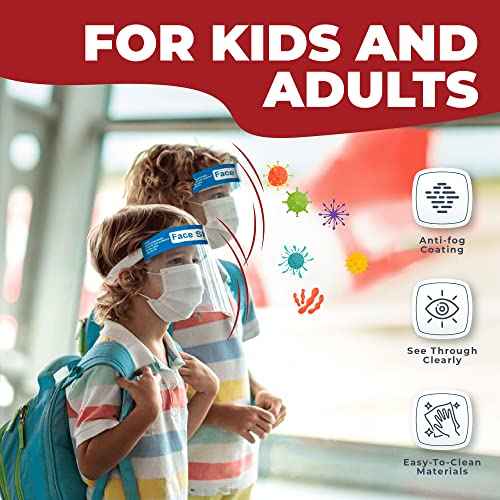 Face Shield | 10 Pack | Clear Plastic Face Shields for Women, Men & Kids, Anti-Fog, Lightweight Reusable Face Shield Mask, Safety Visor Cover with Comfortable Sponge & Elastic Band