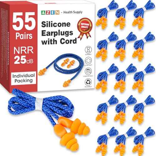 AZEN 55 Pairs Silicone Ear Plugs, Reusable Earplugs for Noise Reduction, 25dB NRR Corded Ear Plug for Sleeping Noise Cancelling, Ear Plug with String Individual Packing