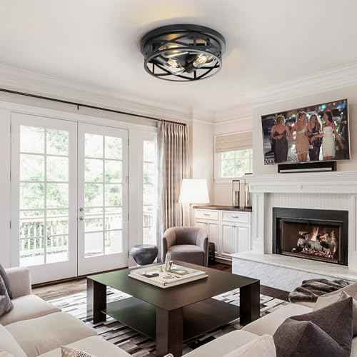13 Inch Close to Ceiling Light Fixtures 2 Pack, 3-Lights Farmhouse Flush Mount Ceiling Light, Black Indoor Metal Cage Semi Flush Mount Ceiling Light for House Hallway Kitchen Bedroom