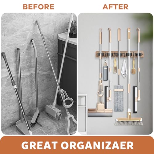 IMILLET Rustic Wall-Mount Broom Holder Brown 17in Organizer for Laundry Room