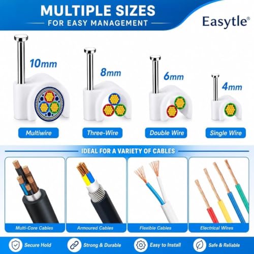 Easytle 200 Pcs Cable Wire Clips 4mm-10mm for Electrical & Ethernet Management