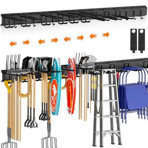 Housolution Heavy Duty Garden Tool Organizer 64 Inch - 18Pack Carries 570 lbs, Garage Tool Organizer Storage System, 4 Rails with 12 Adjustable Hooks, Tool Holder Wall Mount for Warehouse, Workshop