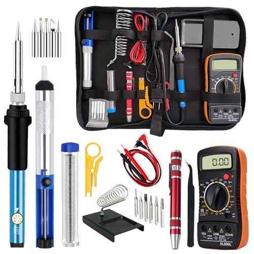 Electric Sodering Iron Kit set 110V 60W Adjustable Temperature Soldering Iron Digital Multimeter 5pcs Soldering Tips Solder Wire Stand, Desoldering Pump Tweezers Welding Tool Screwdriver wire stripper