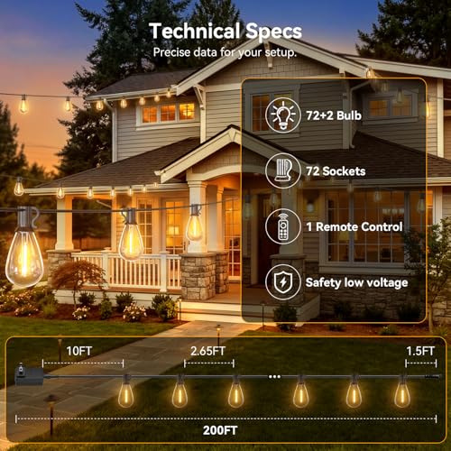 Amzrap 200FT Waterproof Outdoor String Lights with Remote, Dimmable & Shatterproof LED Bulbs