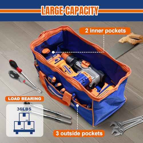 WTG3A16 16-inch Tool Bag,Multi-Pockets Tool bag with Waterproof Material and Wide Mouth Design,for Professional and Daily Use,Blue and Orange