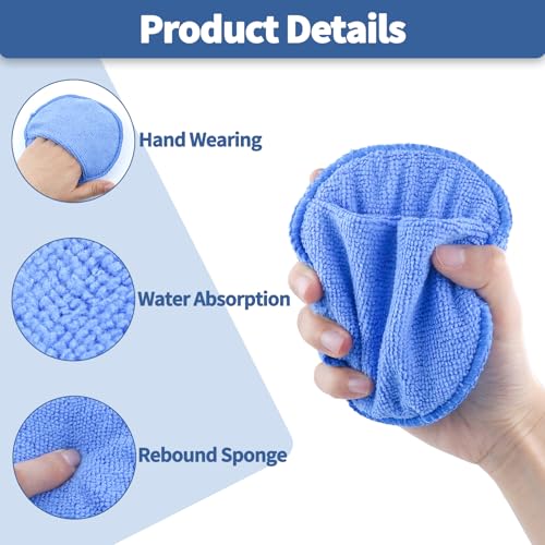 6 PCS Microfiber Wax Applicator Pad with Finger Pocket, 5 Inch Ultra-Soft Car Wax Applicator, Buffing and Detail Polishing Foam Pads for Car Truck Motorcycle Cleaning and Fine Polishing (Blue)