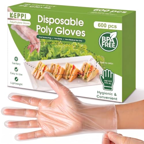 Keppi Medium Disposable Food Prep Gloves 600 Pack - Clear Polyethylene, Latex-Free, Powder-Free Kitchen Gloves for Cooking & Catering